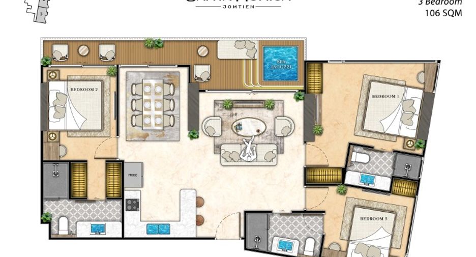 For sale 3 bedrooms condo in Jomtien, Pattaya