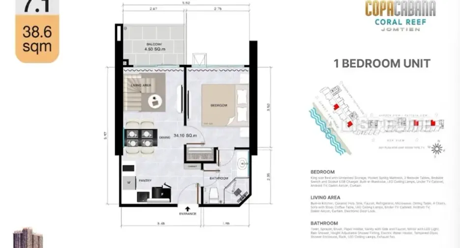 À vendre 1 chambre condo à Bang Lamung, Chonburi