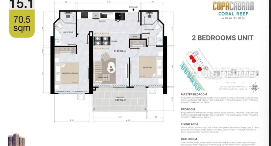 À vendre 2 chambres condo à Bang Lamung, Chonburi