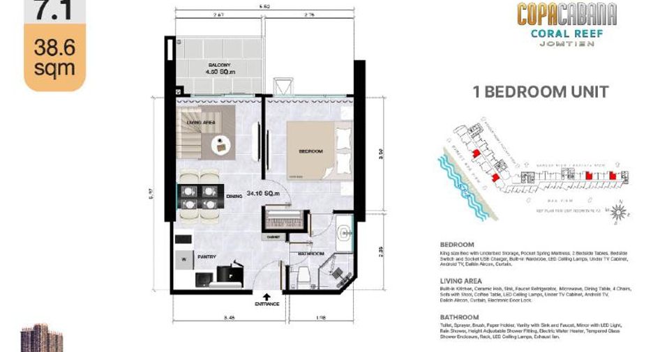 À vendre 1 chambre condo à Jomtien, Pattaya