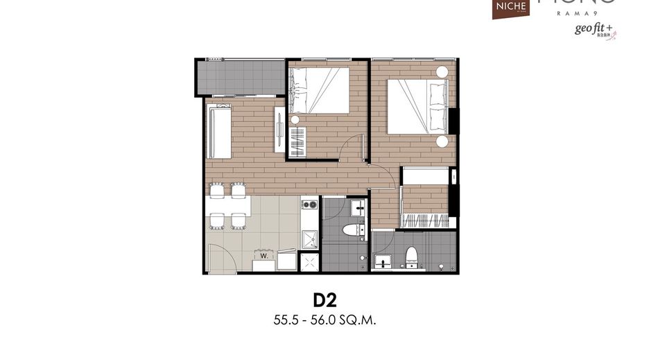Condo en alquiler de 2 habitaciones en Huai Khwang, Bangkok